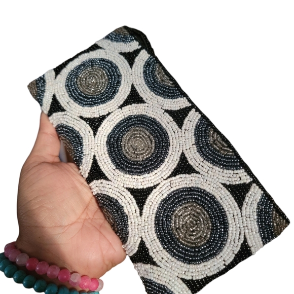 Beaded Evening Clutch Wristlet Blue Black White Clear beads - Picture 4 of 9